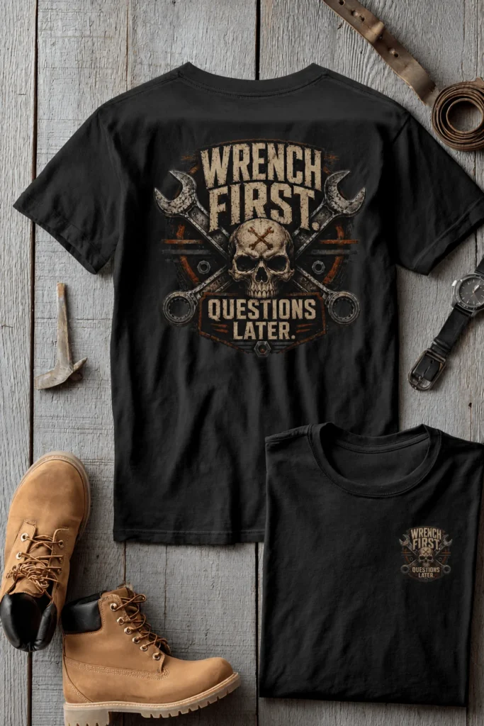 Wrench First Tee — "Wrench First, Questions Later" Mechanic Skull T-Shirt — athletic-heather t-shirt, flat-lay product photo | Pressure Tested Co