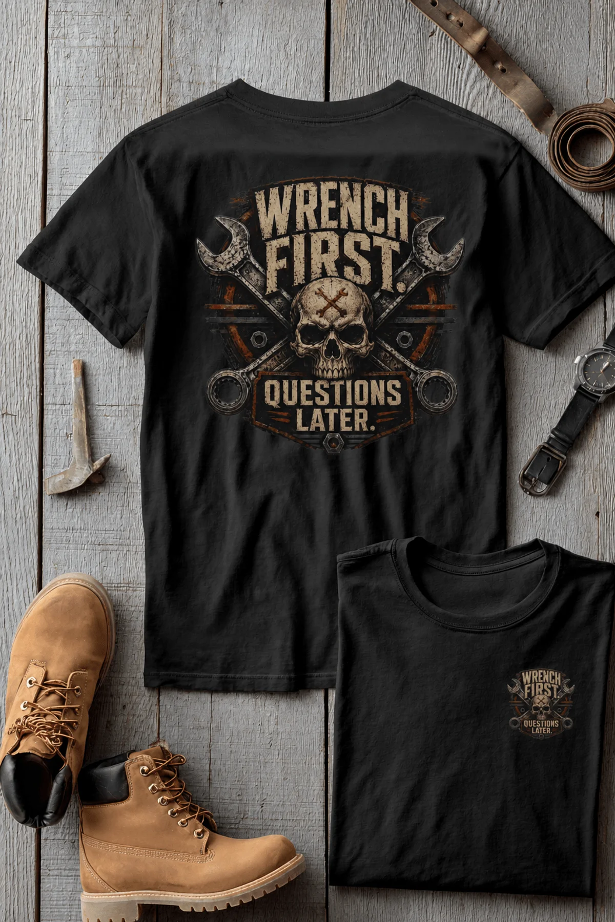 Wrench First Tee — "Wrench First, Questions Later" Mechanic Skull T-Shirt — athletic-heather t-shirt, flat-lay product photo | Pressure Tested Co