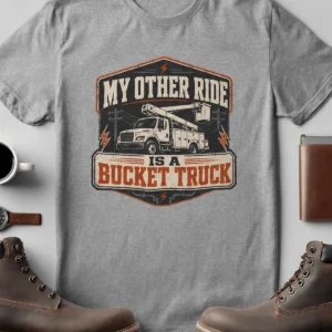 Bucket Truck T-Shirt - “My Other Ride Is A Bucket Truck” Utility Crew/Electrician Tee — athletic-heather t-shirt, flat-lay product photo | Pressure Tested Co