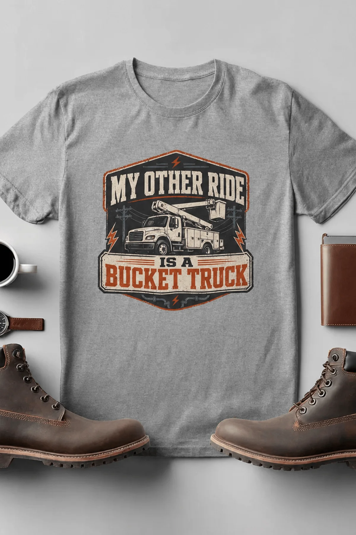 Bucket Truck T-Shirt - “My Other Ride Is A Bucket Truck” Utility Crew/Electrician Tee — athletic-heather t-shirt, flat-lay product photo | Pressure Tested Co