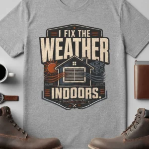 Funny HVAC Technician Tee - “I Fix The Weather Indoors.” Cooling/Furnace Shop Work Shirt — athletic-heather t-shirt, flat-lay product photo | Pressure Tested Co