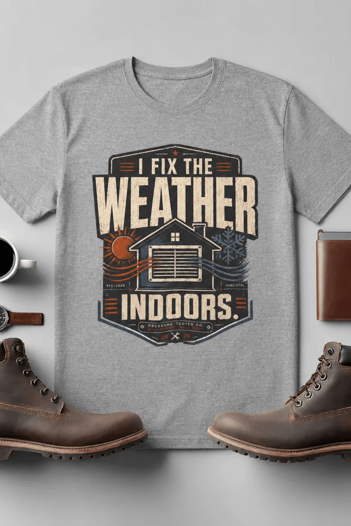 Funny HVAC Technician Tee - “I Fix The Weather Indoors.” Cooling/Furnace Shop Work Shirt — athletic-heather — Flat-lay Funny HVAC Technician Tee - “I Fix The Weather Indoors.” Cooling/Furnace Shop Work Shirt — athletic-heather t-shirt, flat-lay product photo | Pressure Tested Co