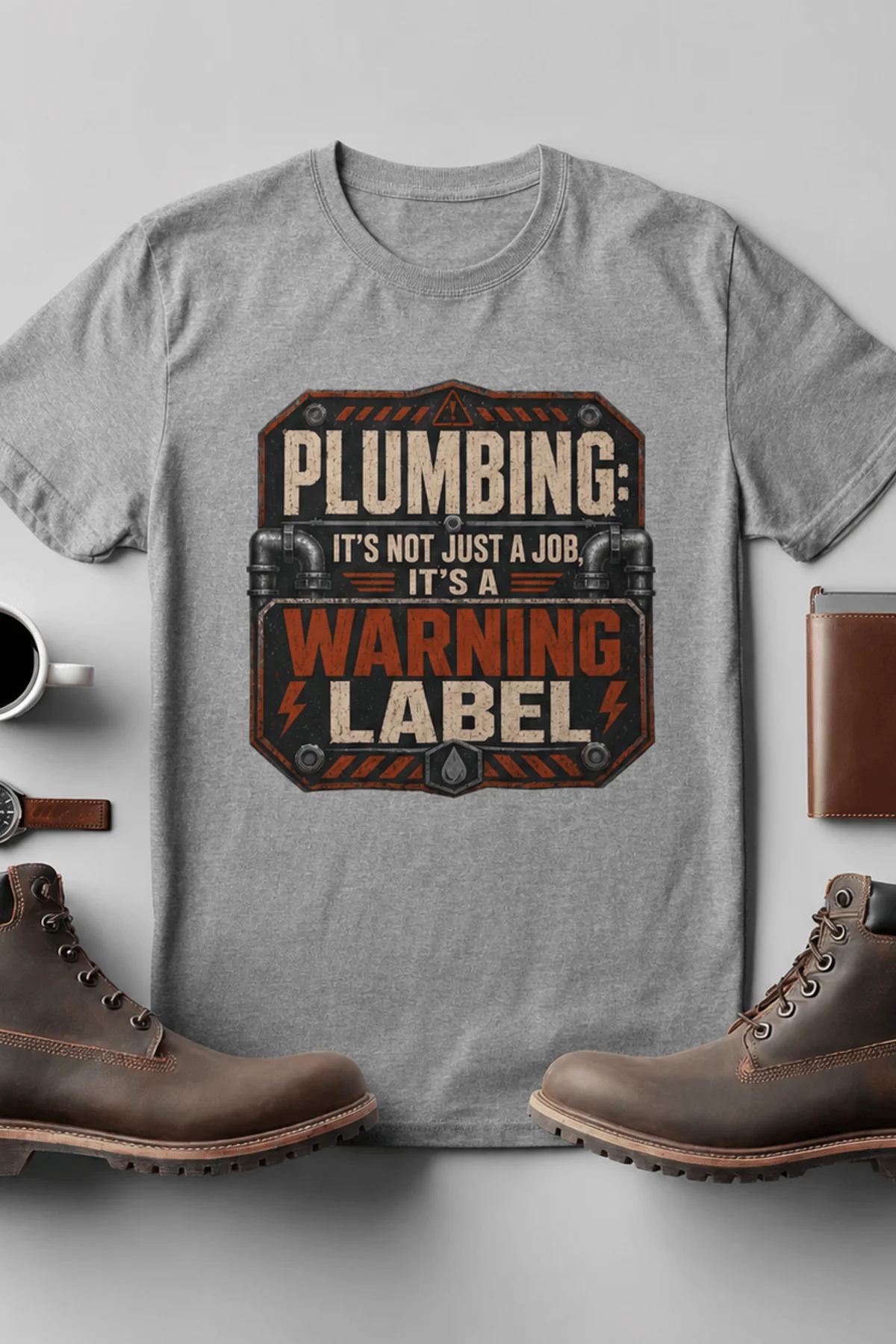 Plumbing Warning Label T-Shirt — Funny Plumber Shirt — athletic-heather t-shirt, flat-lay product photo | Pressure Tested Co