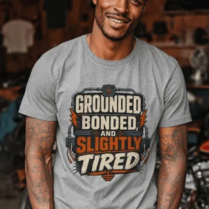 Grounded, Bonded and Slightly Tired Graphic Tee — Funny Electrical Worker Shirt — athletic-heather t-shirt, model photo | Pressure Tested Co