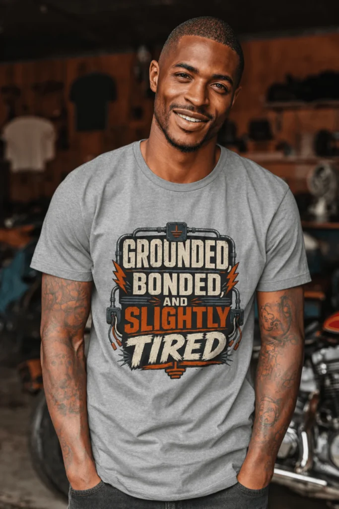 Grounded, Bonded and Slightly Tired Graphic Tee — Funny Electrical Worker Shirt — athletic-heather t-shirt, model photo | Pressure Tested Co