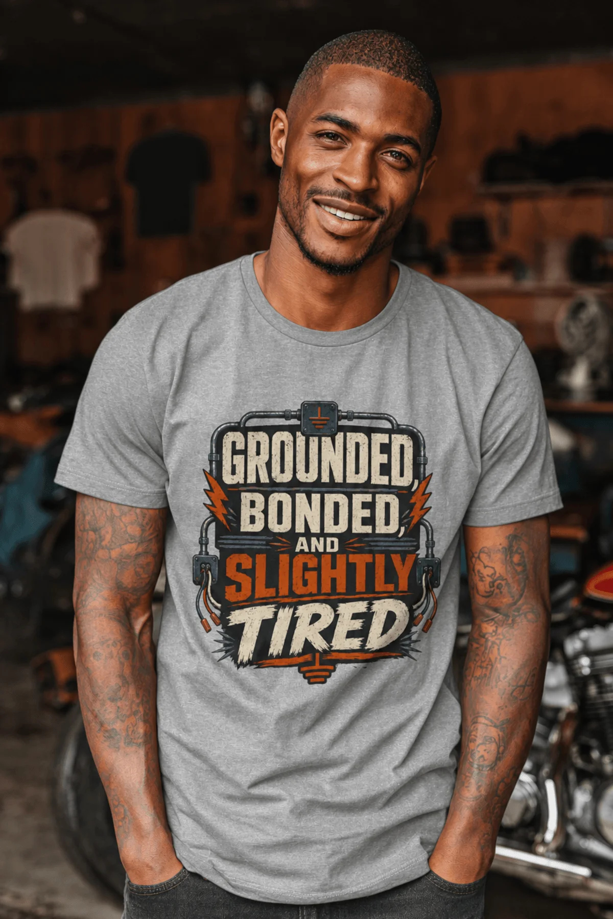 Grounded, Bonded and Slightly Tired Graphic Tee — Funny Electrical Worker Shirt — athletic-heather t-shirt, model photo | Pressure Tested Co