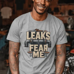 Leaks Fear Me T-Shirt - Funny Plumber Pipes Tee — athletic-heather t-shirt, model photo | Pressure Tested Co