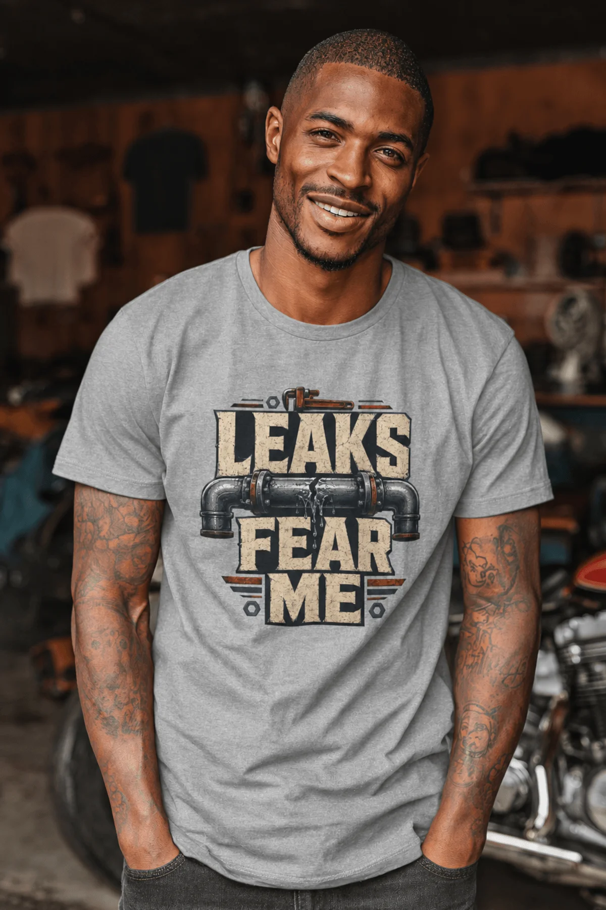 Leaks Fear Me T-Shirt - Funny Plumber Pipes Tee — athletic-heather t-shirt, model photo | Pressure Tested Co