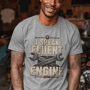 I Speak Fluent Engine T-Shirt — Mechanic Wrench Vintage Auto Repair Tee — athletic-heather t-shirt, model photo | Pressure Tested Co