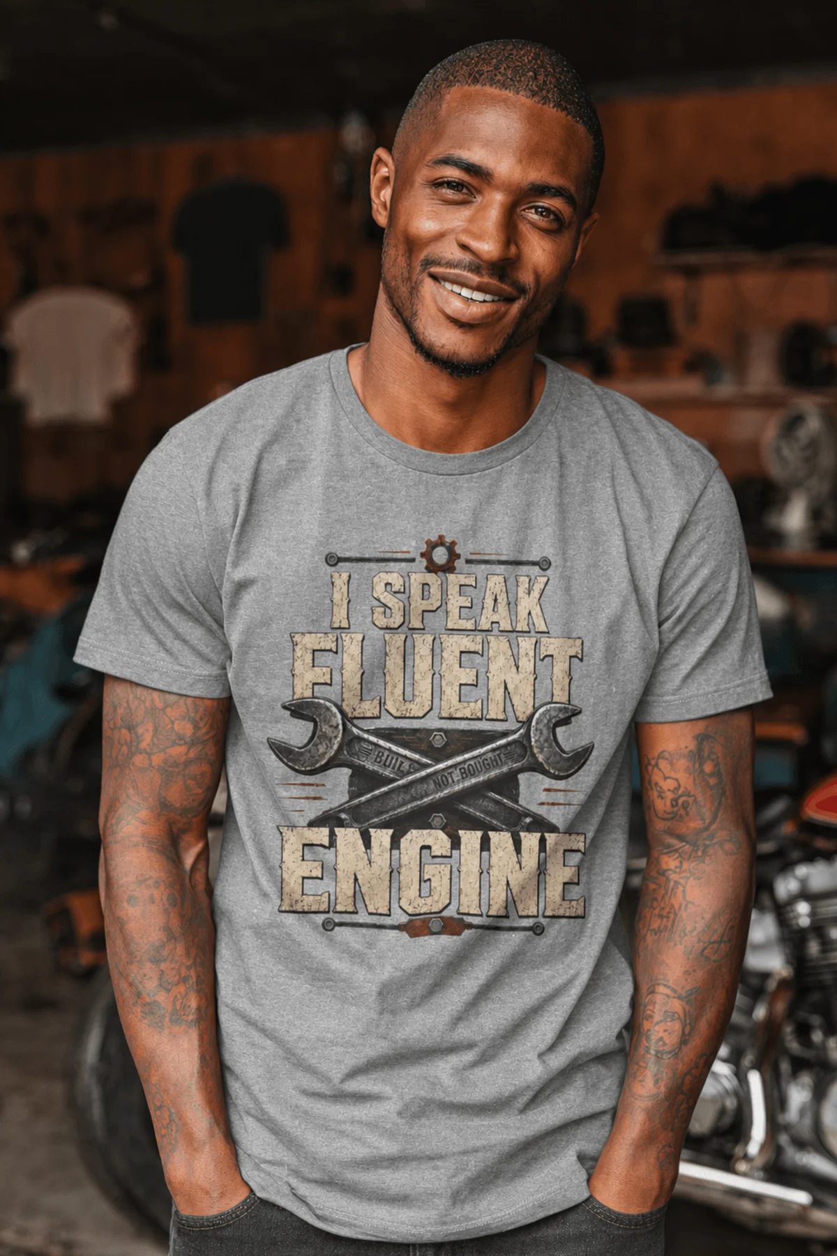I Speak Fluent Engine T-Shirt — Mechanic Wrench Vintage Auto Repair Tee — athletic-heather — Model I Speak Fluent Engine T-Shirt — Mechanic Wrench Vintage Auto Repair Tee — athletic-heather t-shirt, model photo | Pressure Tested Co