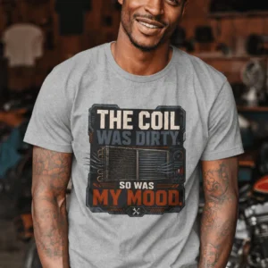 HVAC Technician Tee — “THE COIL WAS DIRTY. SO WAS MY MOOD.” — athletic-heather t-shirt, model photo | Pressure Tested Co