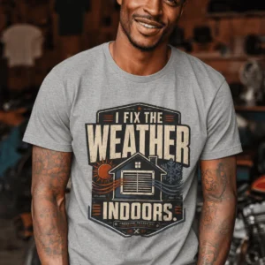 Funny HVAC Technician Tee - “I Fix The Weather Indoors.” Cooling/Furnace Shop Work Shirt — athletic-heather t-shirt, model photo | Pressure Tested Co