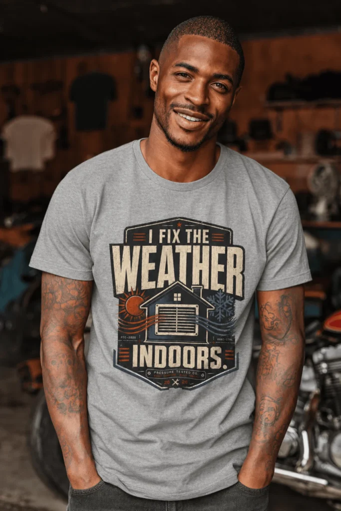 Funny HVAC Technician Tee - “I Fix The Weather Indoors.” Cooling/Furnace Shop Work Shirt — athletic-heather t-shirt, model photo | Pressure Tested Co