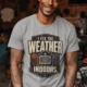 Funny HVAC Technician Tee - “I Fix The Weather Indoors.” Cooling/Furnace Shop Work Shirt — athletic-heather — Model Funny HVAC Technician Tee - “I Fix The Weather Indoors.” Cooling/Furnace Shop Work Shirt — athletic-heather t-shirt, model photo | Pressure Tested Co