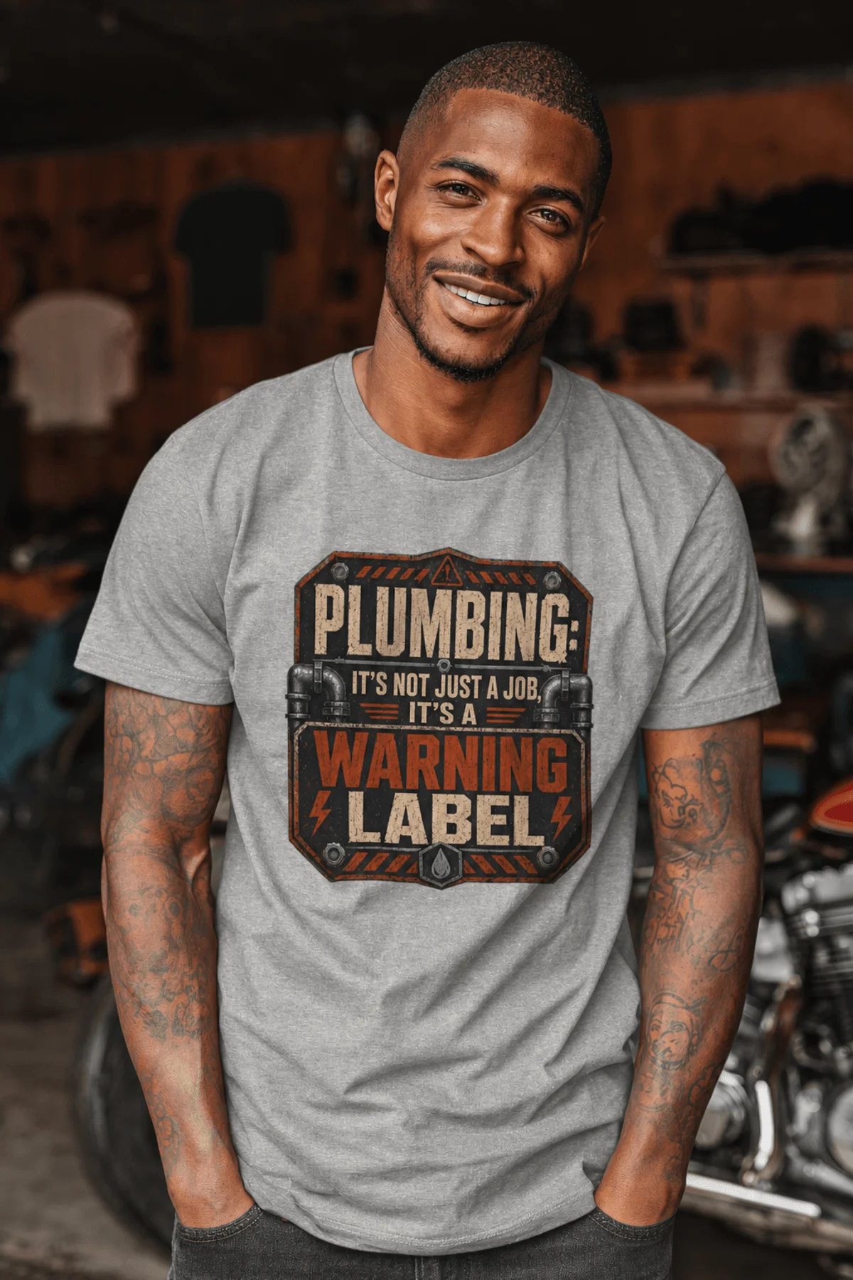 Plumbing Warning Label T-Shirt — Funny Plumber Shirt — athletic-heather t-shirt, model photo | Pressure Tested Co