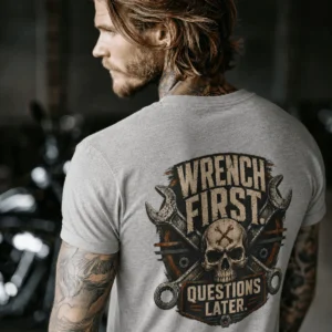 Wrench First Tee — "Wrench First, Questions Later" Mechanic Skull T-Shirt — athletic-heather t-shirt, model photo | Pressure Tested Co