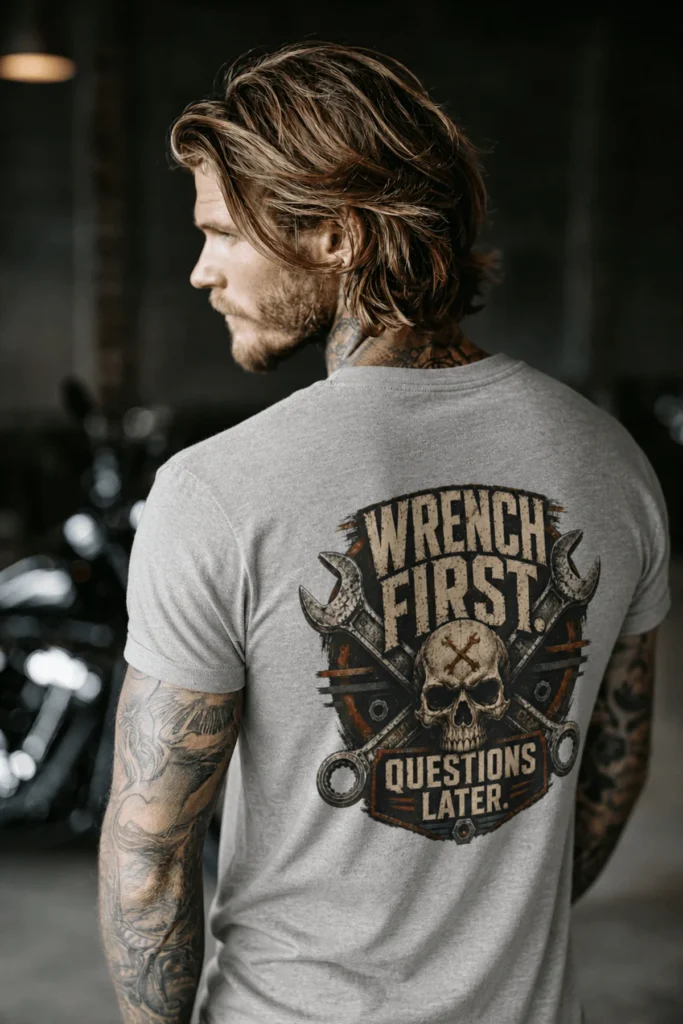 Wrench First Tee — "Wrench First, Questions Later" Mechanic Skull T-Shirt — athletic-heather t-shirt, model photo | Pressure Tested Co