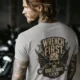 Wrench First Tee — "Wrench First, Questions Later" Mechanic Skull T-Shirt — athletic-heather t-shirt, model photo | Pressure Tested Co