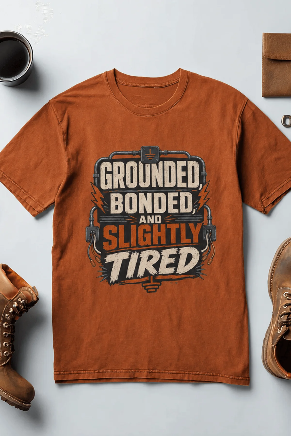 Grounded, Bonded and Slightly Tired Graphic Tee — Funny Electrical Worker Shirt — autumn t-shirt, flat-lay product photo | Pressure Tested Co