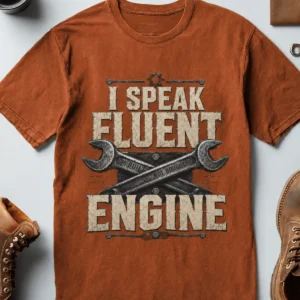 I Speak Fluent Engine T-Shirt — Mechanic Wrench Vintage Auto Repair Tee — autumn t-shirt, flat-lay product photo | Pressure Tested Co