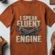 I Speak Fluent Engine T-Shirt — Mechanic Wrench Vintage Auto Repair Tee — autumn — Flat-lay I Speak Fluent Engine T-Shirt — Mechanic Wrench Vintage Auto Repair Tee — autumn t-shirt, flat-lay product photo | Pressure Tested Co