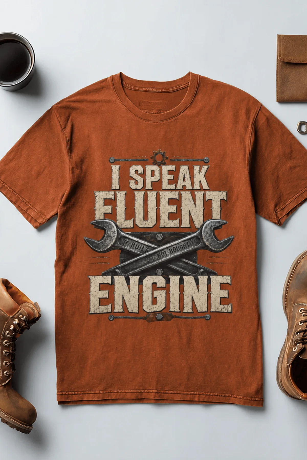 I Speak Fluent Engine T-Shirt — Mechanic Wrench Vintage Auto Repair Tee — autumn — Flat-lay I Speak Fluent Engine T-Shirt — Mechanic Wrench Vintage Auto Repair Tee — autumn t-shirt, flat-lay product photo | Pressure Tested Co