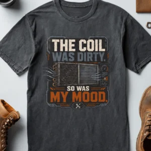 HVAC Technician Tee — “THE COIL WAS DIRTY. SO WAS MY MOOD.” — autumn t-shirt, flat-lay product photo | Pressure Tested Co