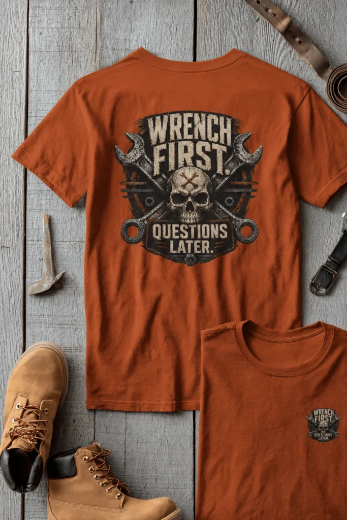 Wrench First Tee — "Wrench First, Questions Later" Mechanic Skull T-Shirt — autumn t-shirt, flat-lay product photo | Pressure Tested Co