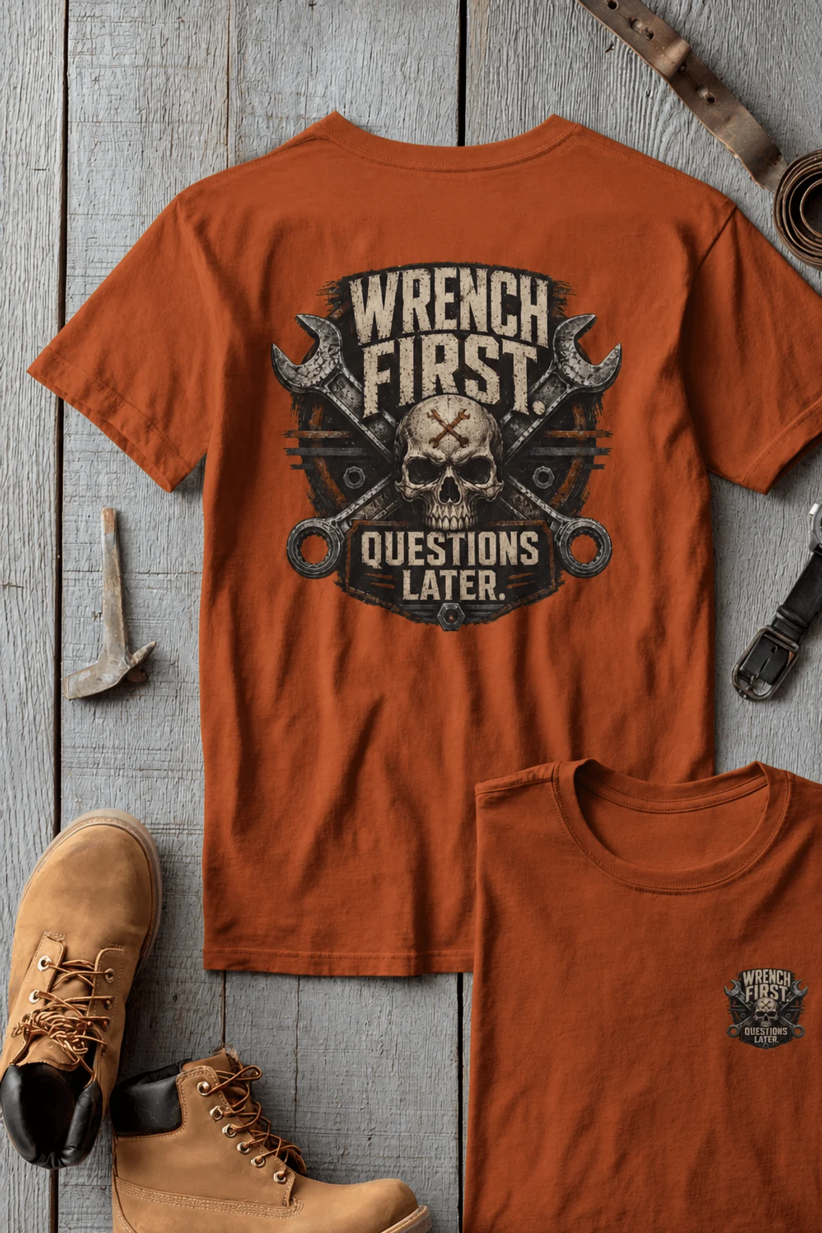 Wrench First Tee — "Wrench First, Questions Later" Mechanic Skull T-Shirt — autumn t-shirt, flat-lay product photo | Pressure Tested Co