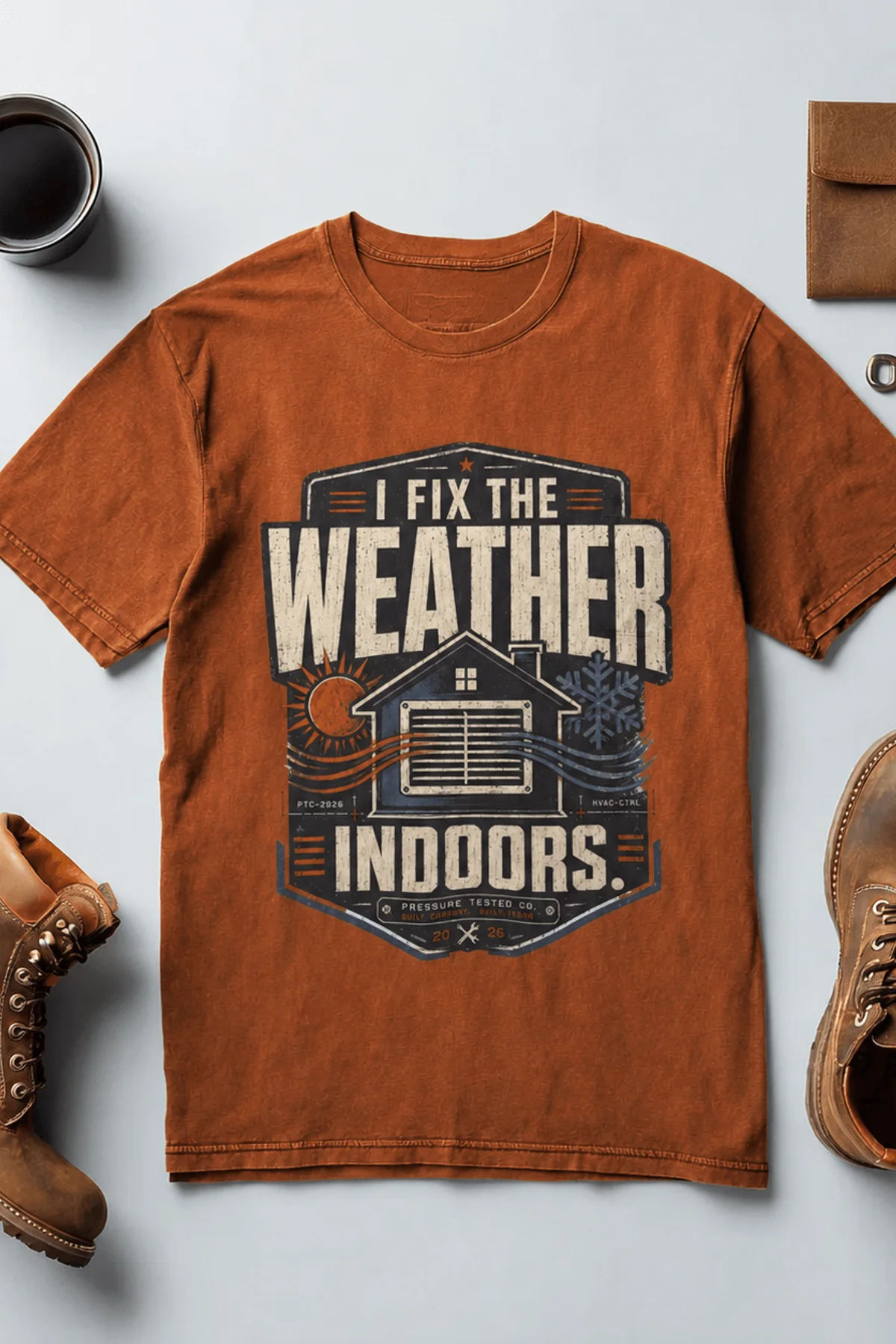 Funny HVAC Technician Tee - “I Fix The Weather Indoors.” Cooling/Furnace Shop Work Shirt — autumn — Flat-lay Funny HVAC Technician Tee - “I Fix The Weather Indoors.” Cooling/Furnace Shop Work Shirt — autumn t-shirt, flat-lay product photo | Pressure Tested Co