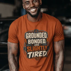 Grounded, Bonded and Slightly Tired Graphic Tee — Funny Electrical Worker Shirt — autumn t-shirt, model photo | Pressure Tested Co