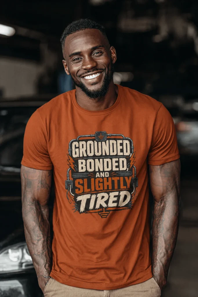 Grounded, Bonded and Slightly Tired Graphic Tee — Funny Electrical Worker Shirt — autumn t-shirt, model photo | Pressure Tested Co