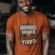 Grounded, Bonded and Slightly Tired Graphic Tee — Funny Electrical Worker Shirt — autumn t-shirt, model photo | Pressure Tested Co