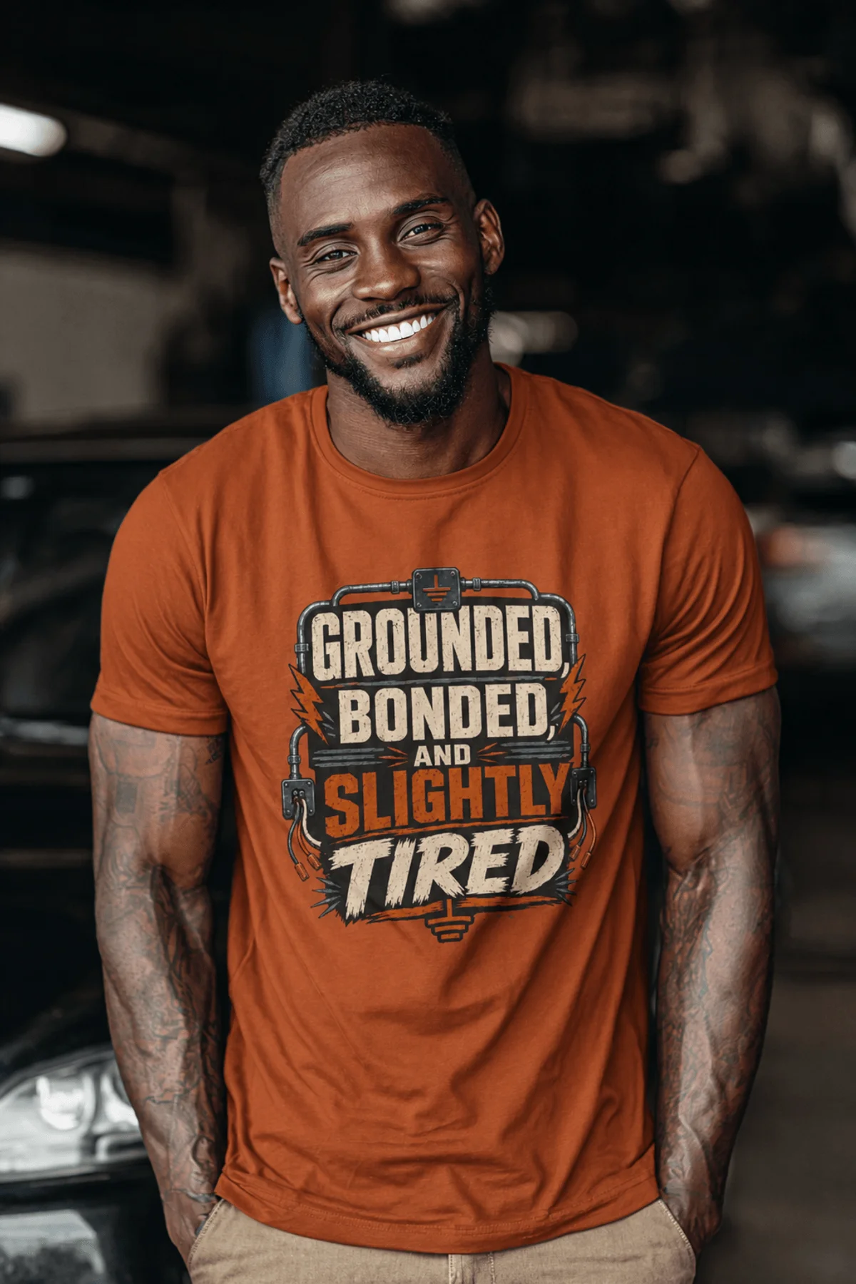 Grounded, Bonded and Slightly Tired Graphic Tee — Funny Electrical Worker Shirt — autumn t-shirt, model photo | Pressure Tested Co