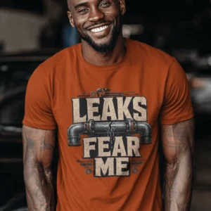 Leaks Fear Me T-Shirt - Funny Plumber Pipes Tee — autumn t-shirt, model photo | Pressure Tested Co