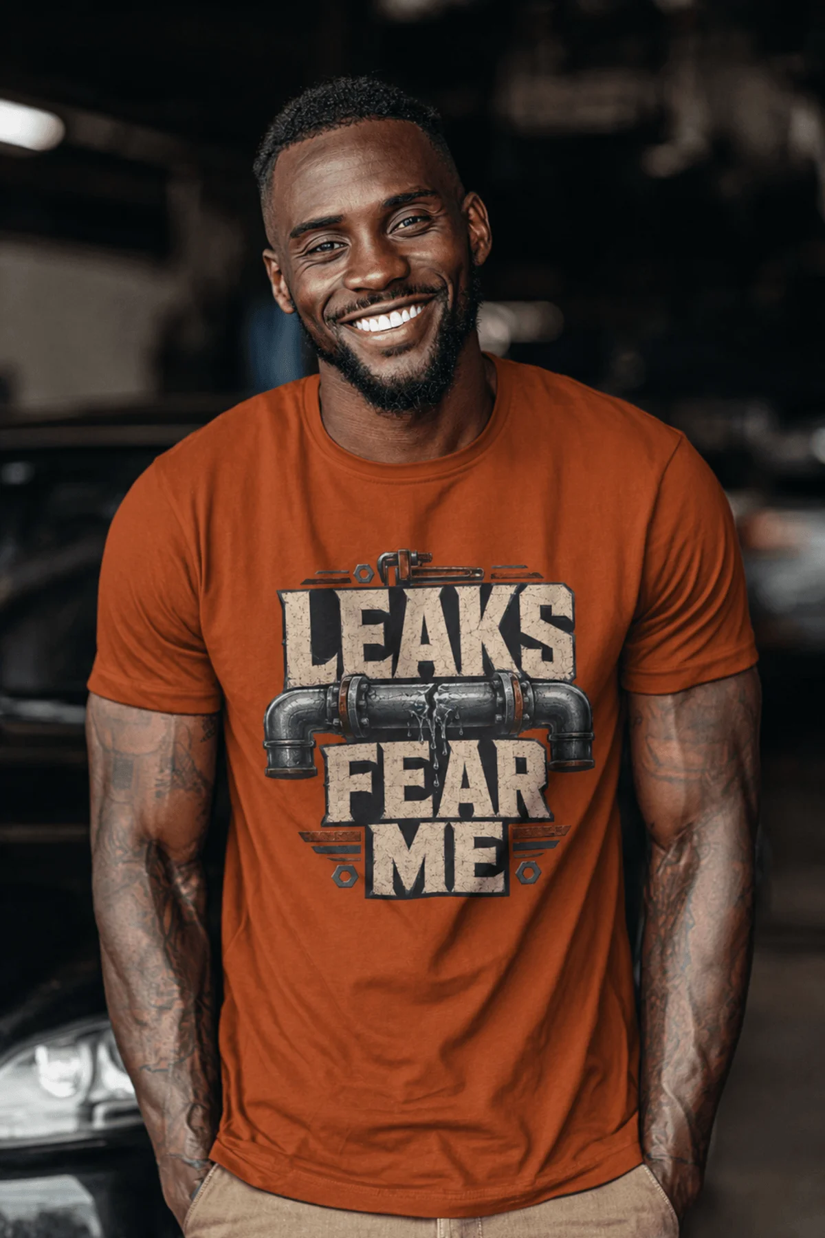 Leaks Fear Me T-Shirt - Funny Plumber Pipes Tee — autumn t-shirt, model photo | Pressure Tested Co