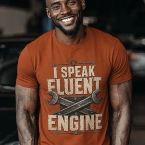 I Speak Fluent Engine T-Shirt — Mechanic Wrench Vintage Auto Repair Tee — autumn t-shirt, model photo | Pressure Tested Co