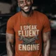 I Speak Fluent Engine T-Shirt — Mechanic Wrench Vintage Auto Repair Tee — autumn — Model I Speak Fluent Engine T-Shirt — Mechanic Wrench Vintage Auto Repair Tee — autumn t-shirt, model photo | Pressure Tested Co