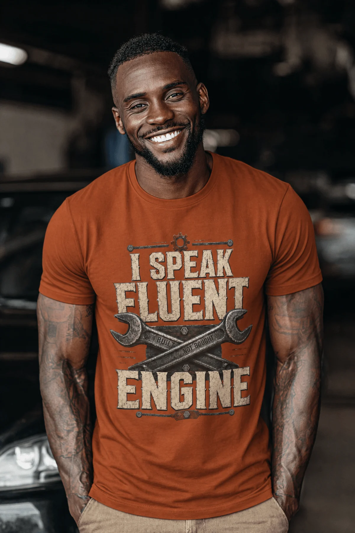 I Speak Fluent Engine T-Shirt — Mechanic Wrench Vintage Auto Repair Tee — autumn — Model I Speak Fluent Engine T-Shirt — Mechanic Wrench Vintage Auto Repair Tee — autumn t-shirt, model photo | Pressure Tested Co