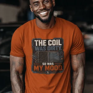 HVAC Technician Tee — “THE COIL WAS DIRTY. SO WAS MY MOOD.” — autumn t-shirt, model photo | Pressure Tested Co