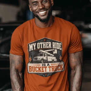 Bucket Truck T-Shirt - “My Other Ride Is A Bucket Truck” Utility Crew/Electrician Tee — autumn t-shirt, model photo | Pressure Tested Co
