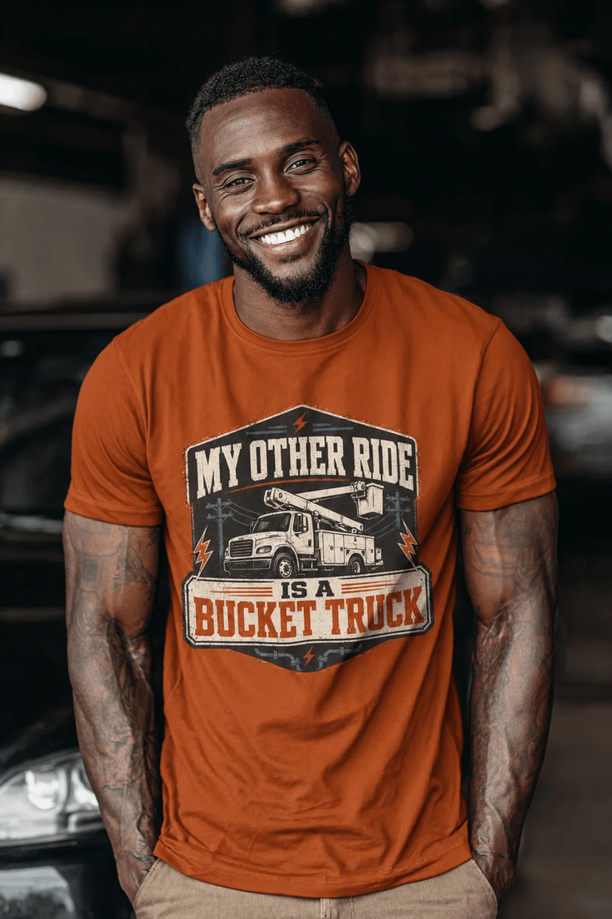 Bucket Truck T-Shirt - “My Other Ride Is A Bucket Truck” Utility Crew/Electrician Tee — autumn t-shirt, model photo | Pressure Tested Co