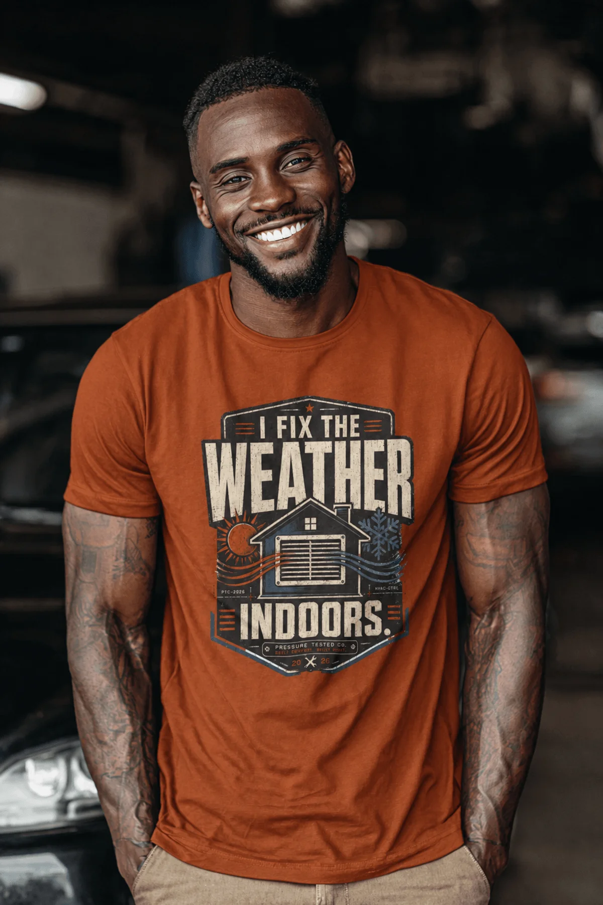 Funny HVAC Technician Tee - “I Fix The Weather Indoors.” Cooling/Furnace Shop Work Shirt — autumn — Model Funny HVAC Technician Tee - “I Fix The Weather Indoors.” Cooling/Furnace Shop Work Shirt — autumn t-shirt, model photo | Pressure Tested Co