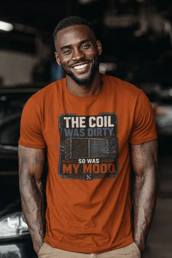 HVAC Technician Tee — “THE COIL WAS DIRTY. SO WAS MY MOOD.” — autumn t-shirt, model photo | Pressure Tested Co