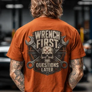 Wrench First Tee — "Wrench First, Questions Later" Mechanic Skull T-Shirt — autumn t-shirt, model photo | Pressure Tested Co