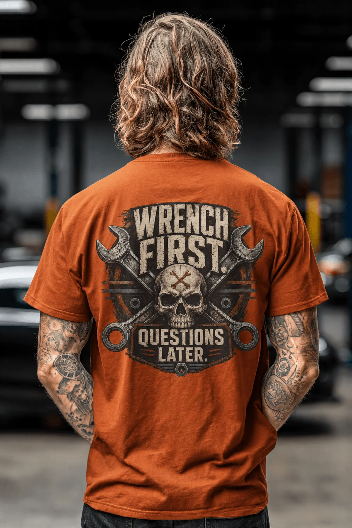 Wrench First Tee — "Wrench First, Questions Later" Mechanic Skull T-Shirt — autumn t-shirt, model photo | Pressure Tested Co