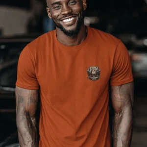 Wrench First Tee — "Wrench First, Questions Later" Mechanic Skull T-Shirt — autumn t-shirt, model photo | Pressure Tested Co