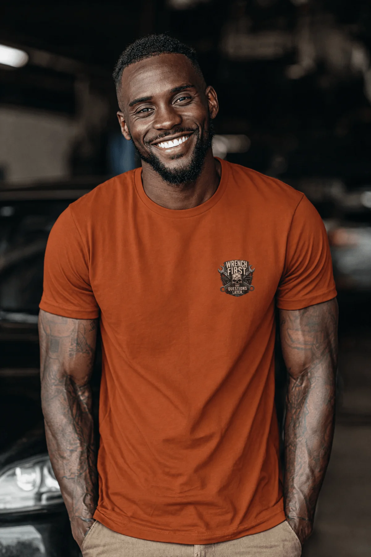 Wrench First Tee — "Wrench First, Questions Later" Mechanic Skull T-Shirt — autumn t-shirt, model photo | Pressure Tested Co