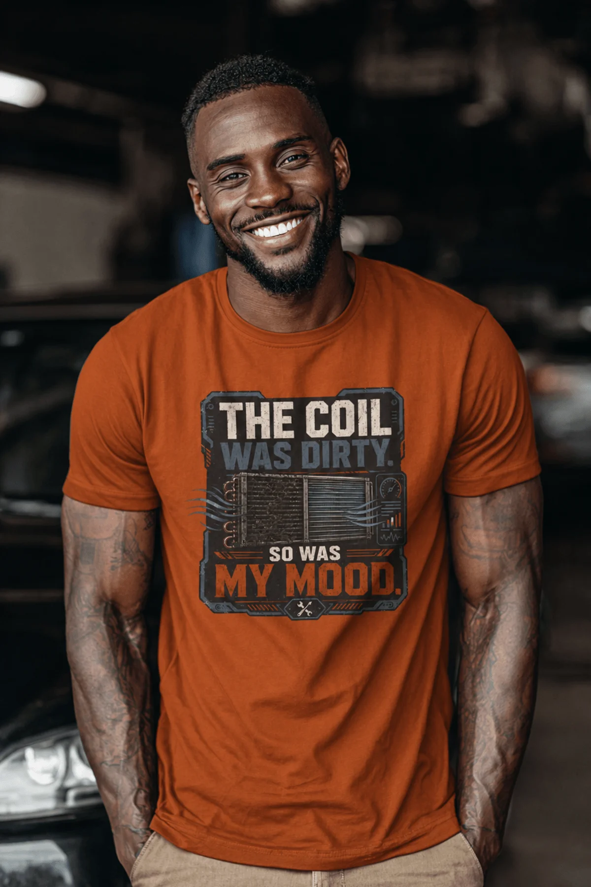 HVAC Technician Tee — “THE COIL WAS DIRTY. SO WAS MY MOOD.” — autumn — Model HVAC Technician Tee — “THE COIL WAS DIRTY. SO WAS MY MOOD.” — autumn t-shirt, model photo | Pressure Tested Co