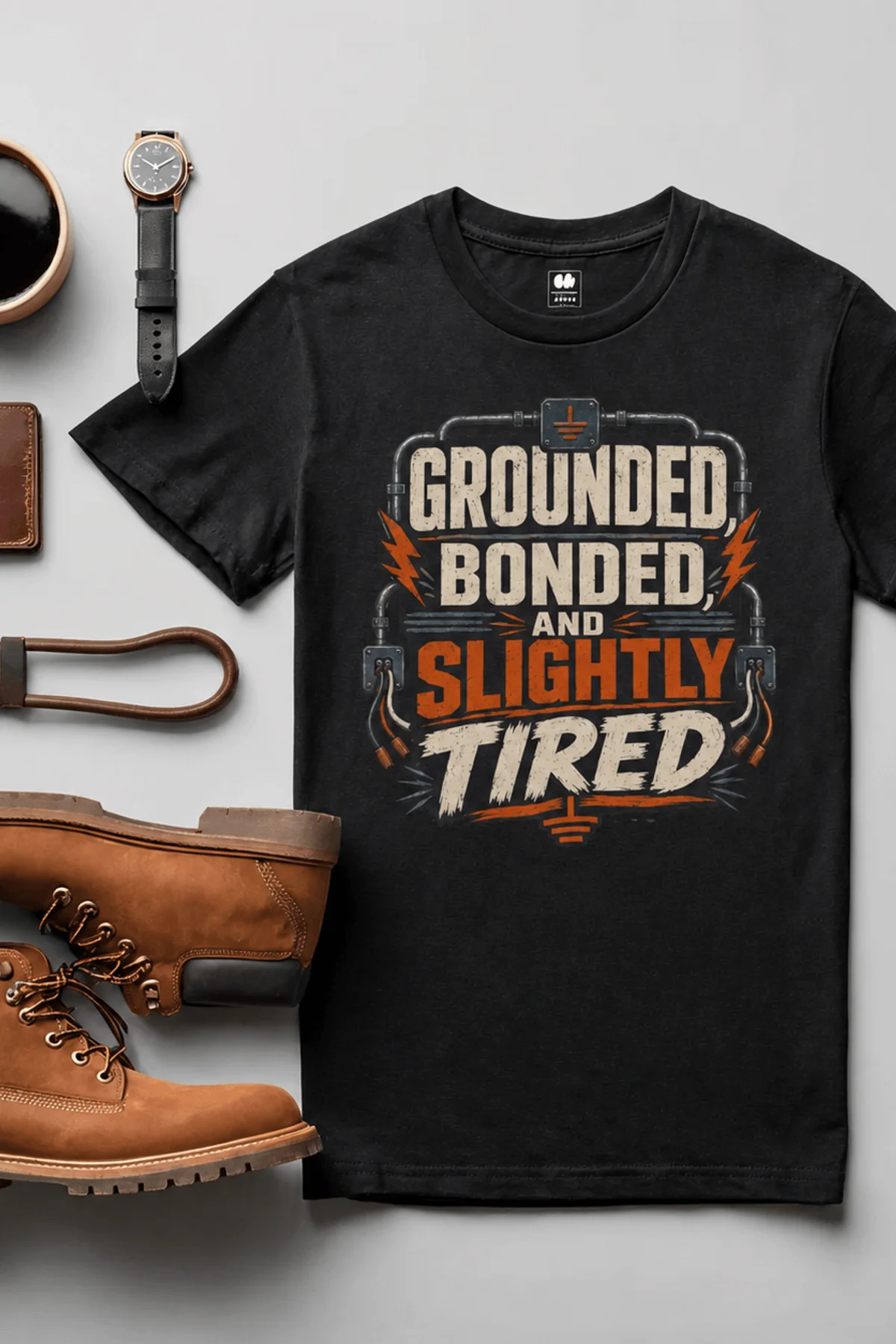 Grounded, Bonded and Slightly Tired Graphic Tee — Funny Electrical Worker Shirt — black t-shirt, flat-lay product photo | Pressure Tested Co
